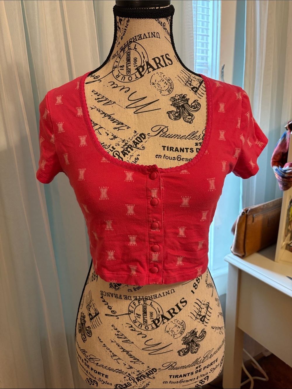 Savage X Fenty pink and white Short-Sleeve Button Crop Top